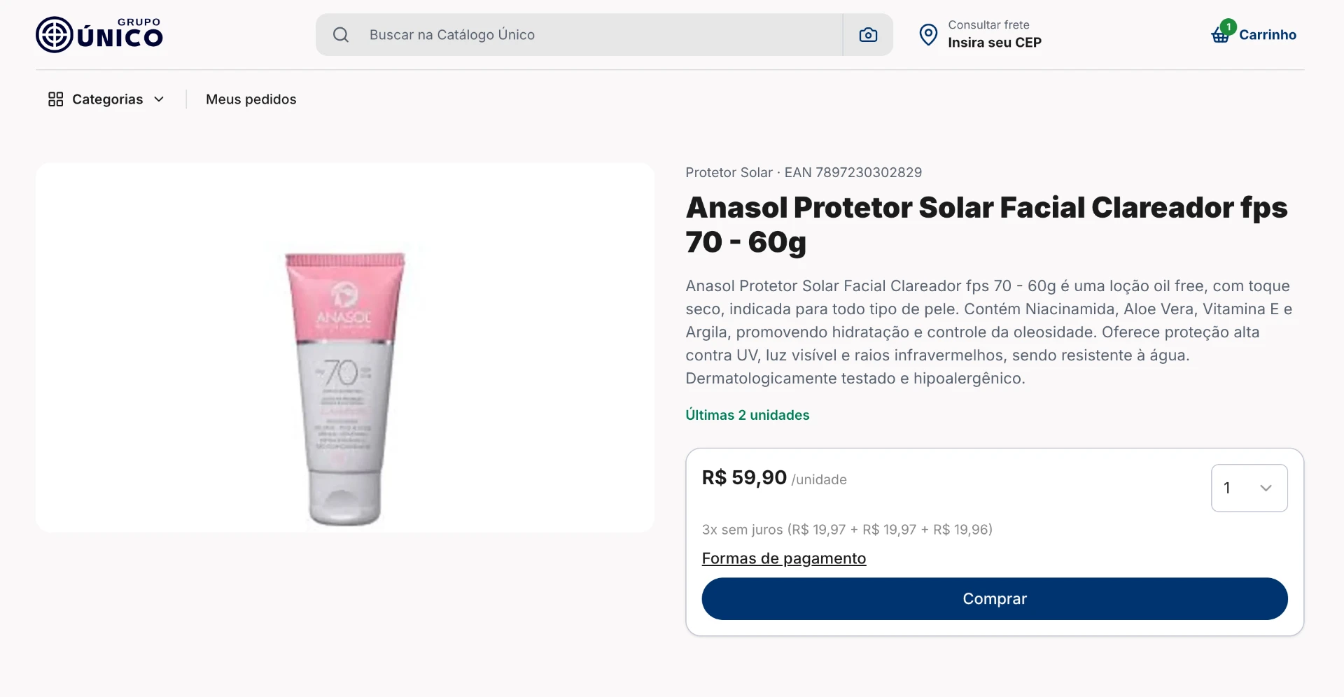 Página de produto com foto, descrição, preço e botão de compra